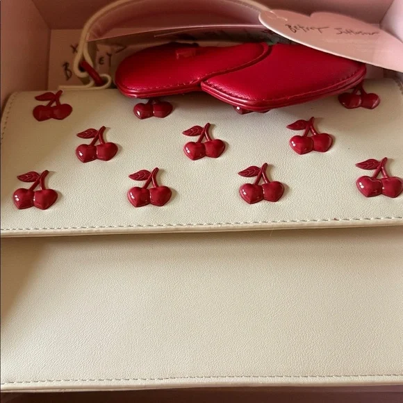 Betsey Johnson Cherry Mini Bag and Cherry Bag Charm Gift Set Cream and Red - Picture 2 of 8